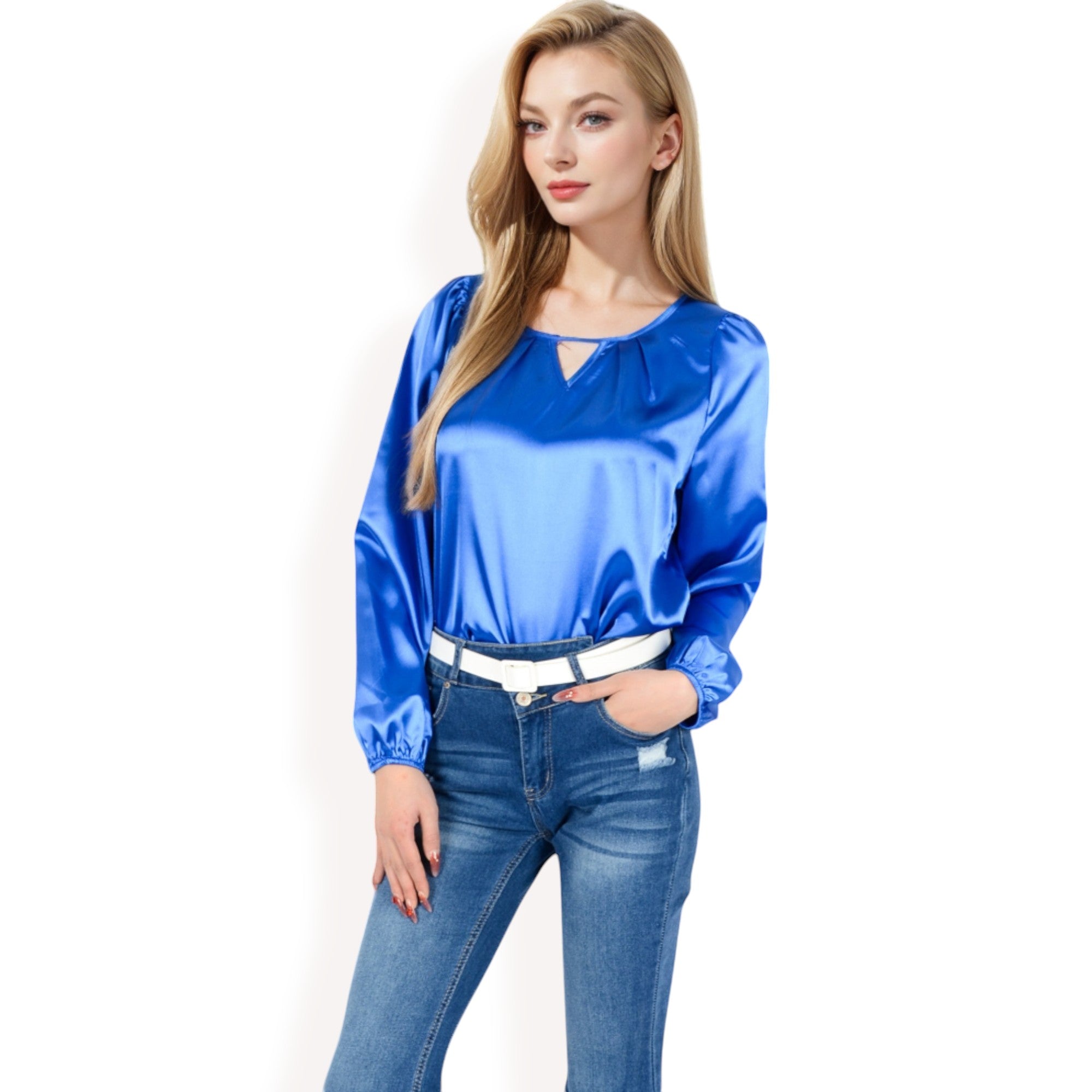 Anna-Kaci Women's Satin Blouse with Keyhole Neckline and Long Sleeves