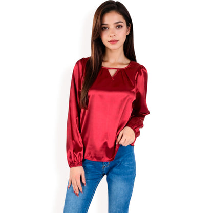 Anna-Kaci Women's Satin Blouse with Keyhole Neckline and Long Sleeves