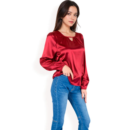 Anna-Kaci Women's Satin Blouse with Keyhole Neckline and Long Sleeves