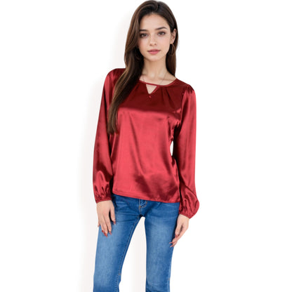 Anna-Kaci Women's Satin Blouse with Keyhole Neckline and Long Sleeves