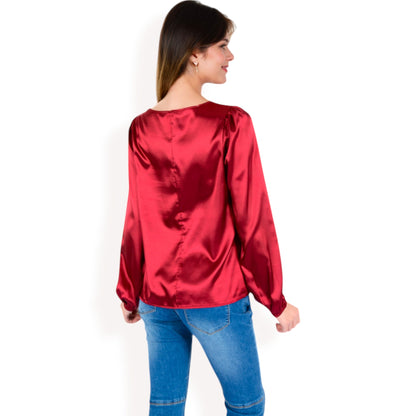 Anna-Kaci Women's Satin Blouse with Keyhole Neckline and Long Sleeves