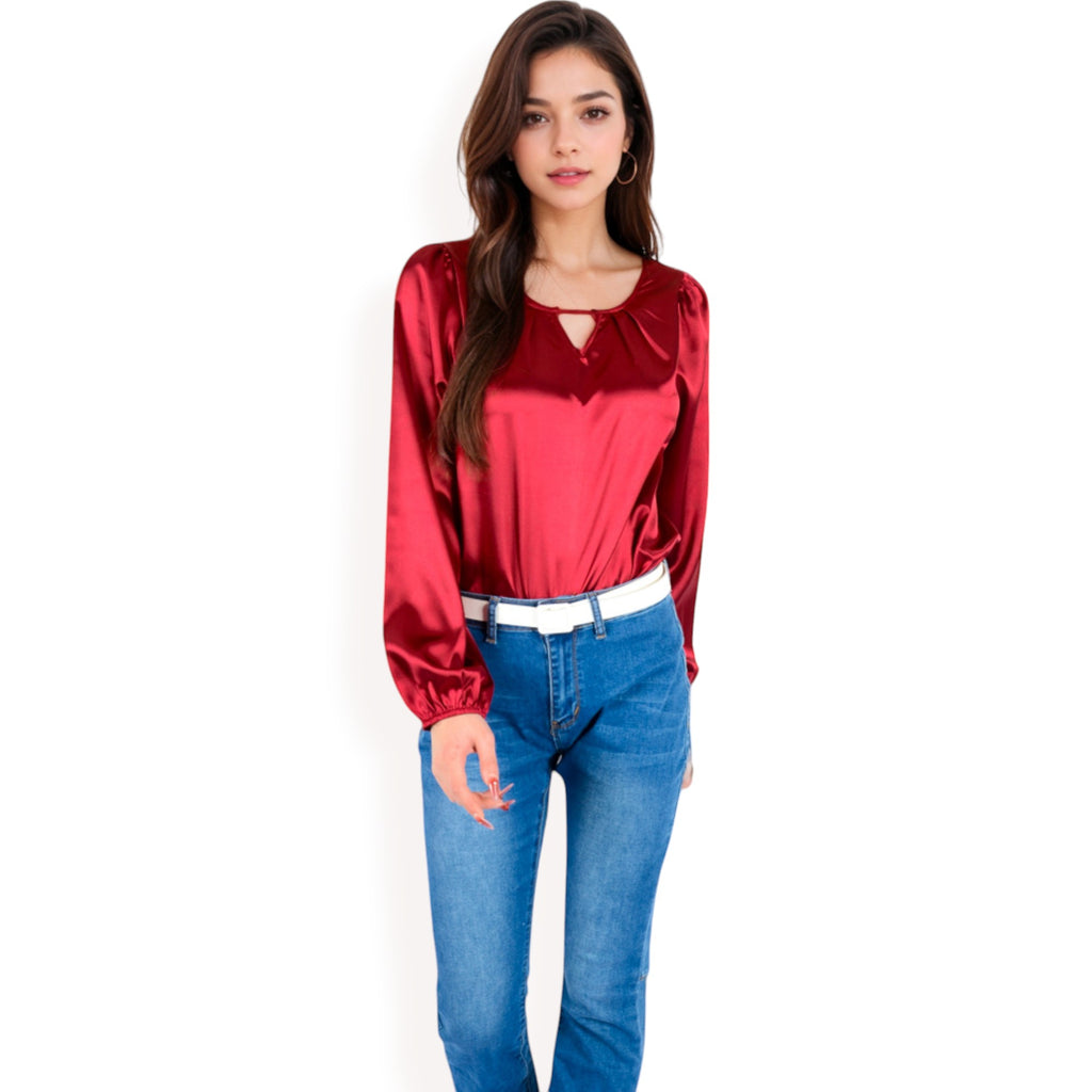Anna-Kaci Women's Satin Blouse with Keyhole Neckline and Long Sleeves