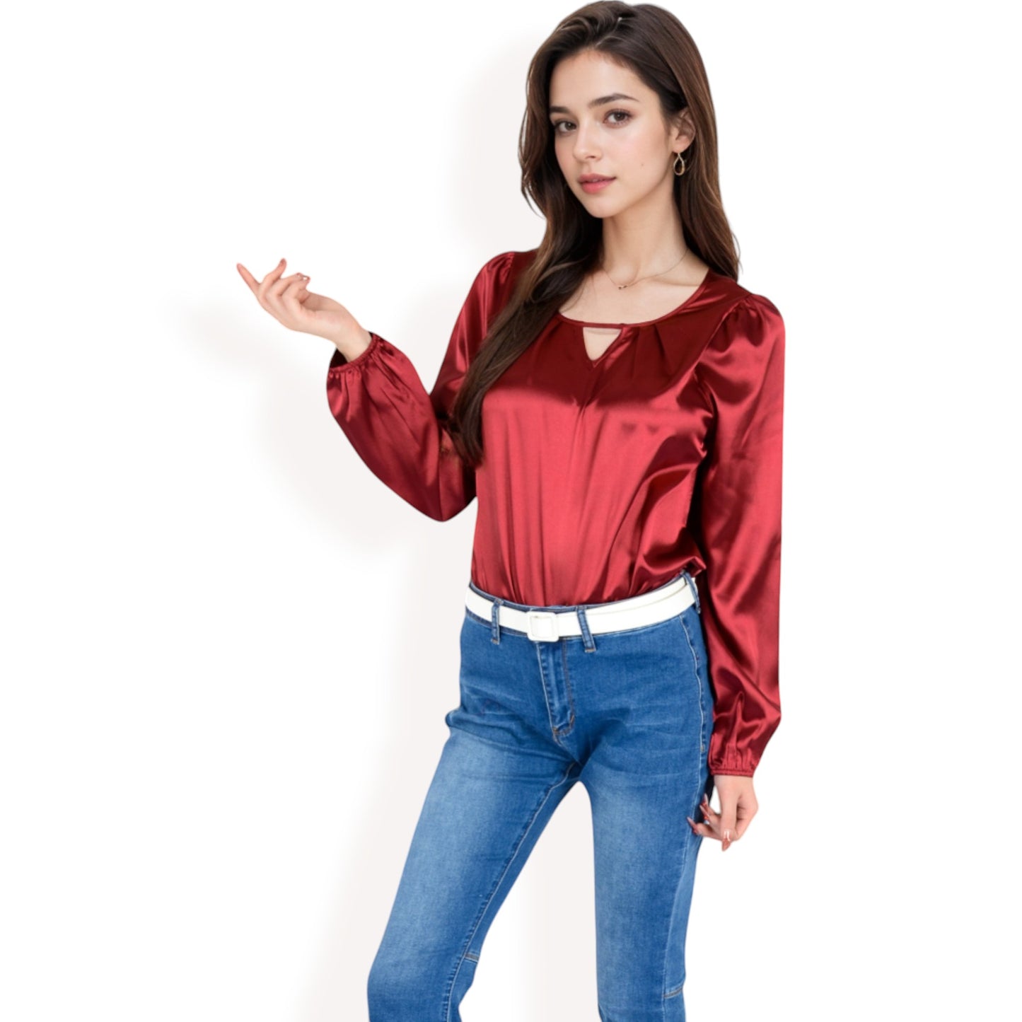 Anna-Kaci Women's Satin Blouse with Keyhole Neckline and Long Sleeves