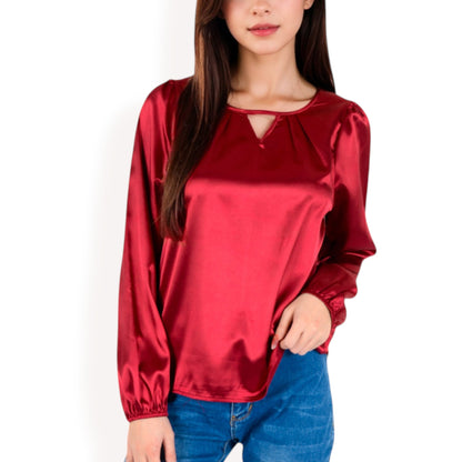 Anna-Kaci Women's Satin Blouse with Keyhole Neckline and Long Sleeves