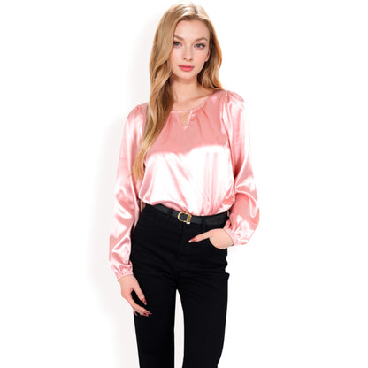 Anna-Kaci Women's Satin Blouse with Keyhole Neckline and Long Sleeves