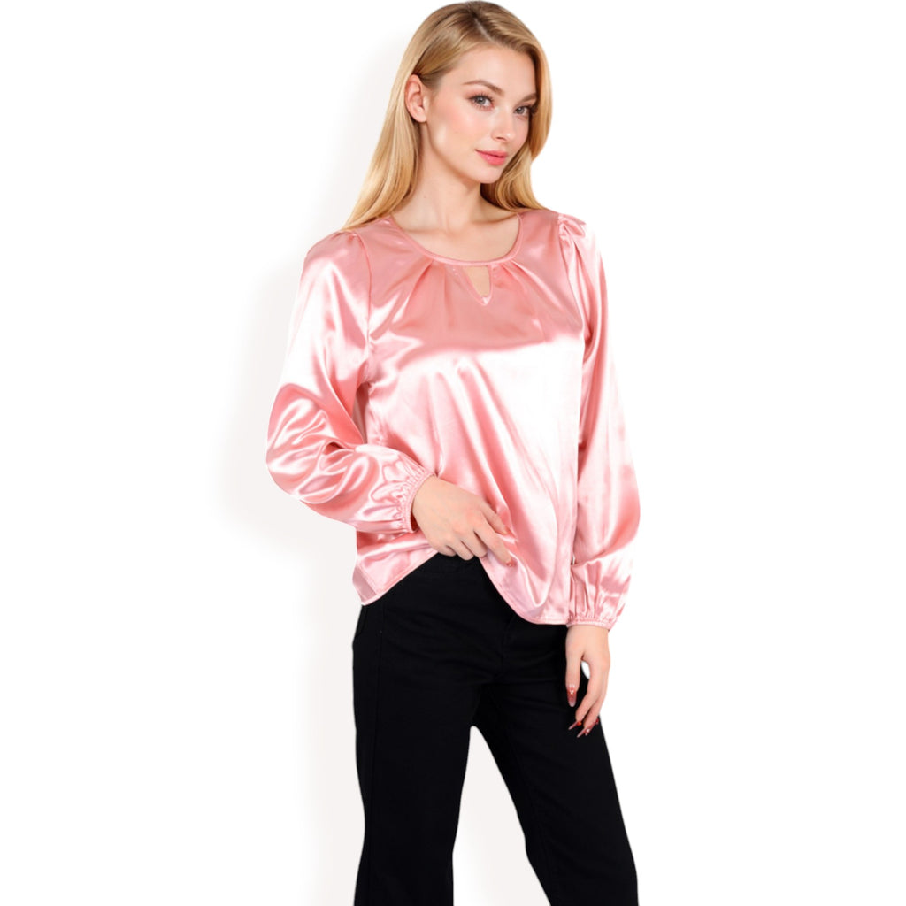 Anna-Kaci Women's Satin Blouse with Keyhole Neckline and Long Sleeves