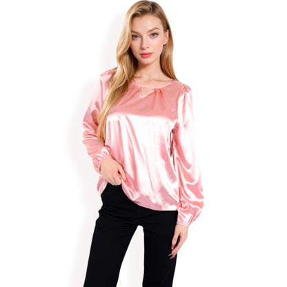 Anna-Kaci Women's Satin Blouse with Keyhole Neckline and Long Sleeves