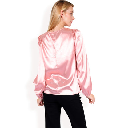 Anna-Kaci Women's Satin Blouse with Keyhole Neckline and Long Sleeves