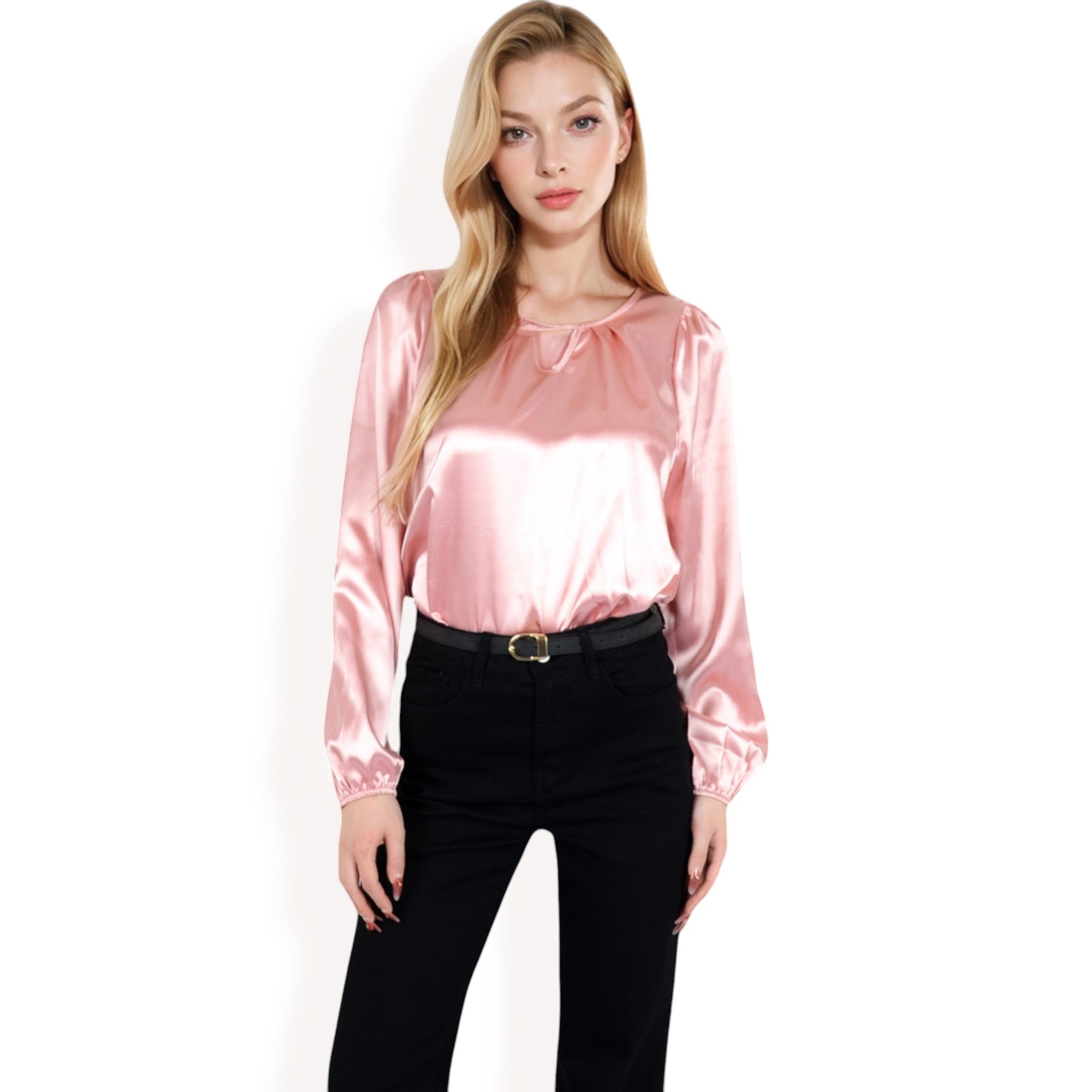 Anna-Kaci Women's Satin Blouse with Keyhole Neckline and Long Sleeves