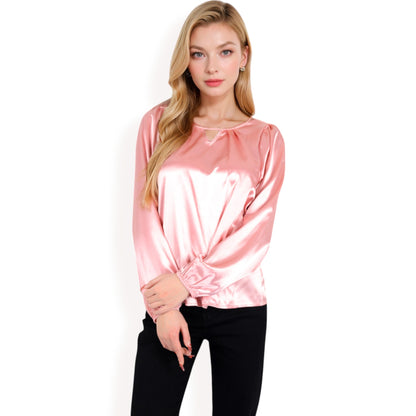 Anna-Kaci Women's Satin Blouse with Keyhole Neckline and Long Sleeves