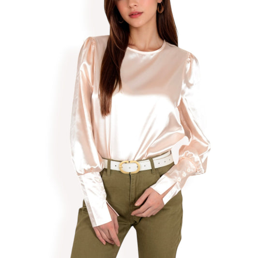 Anna-Kaci Women's Satin Long Sleeve Blouse with Buttoned Cuffs and Subtle Puff Shoulders