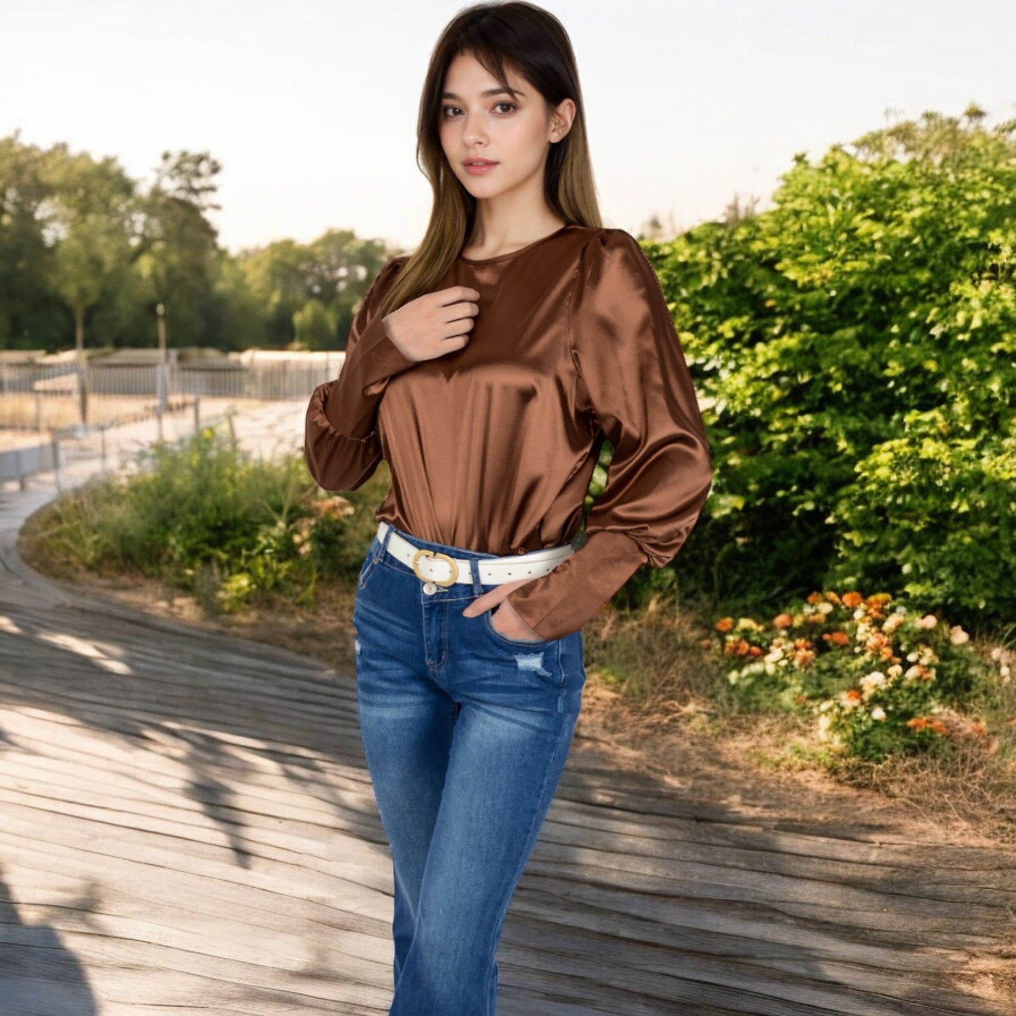Anna-Kaci Women's Satin Long Sleeve Blouse with Buttoned Cuffs and Subtle Puff Shoulders