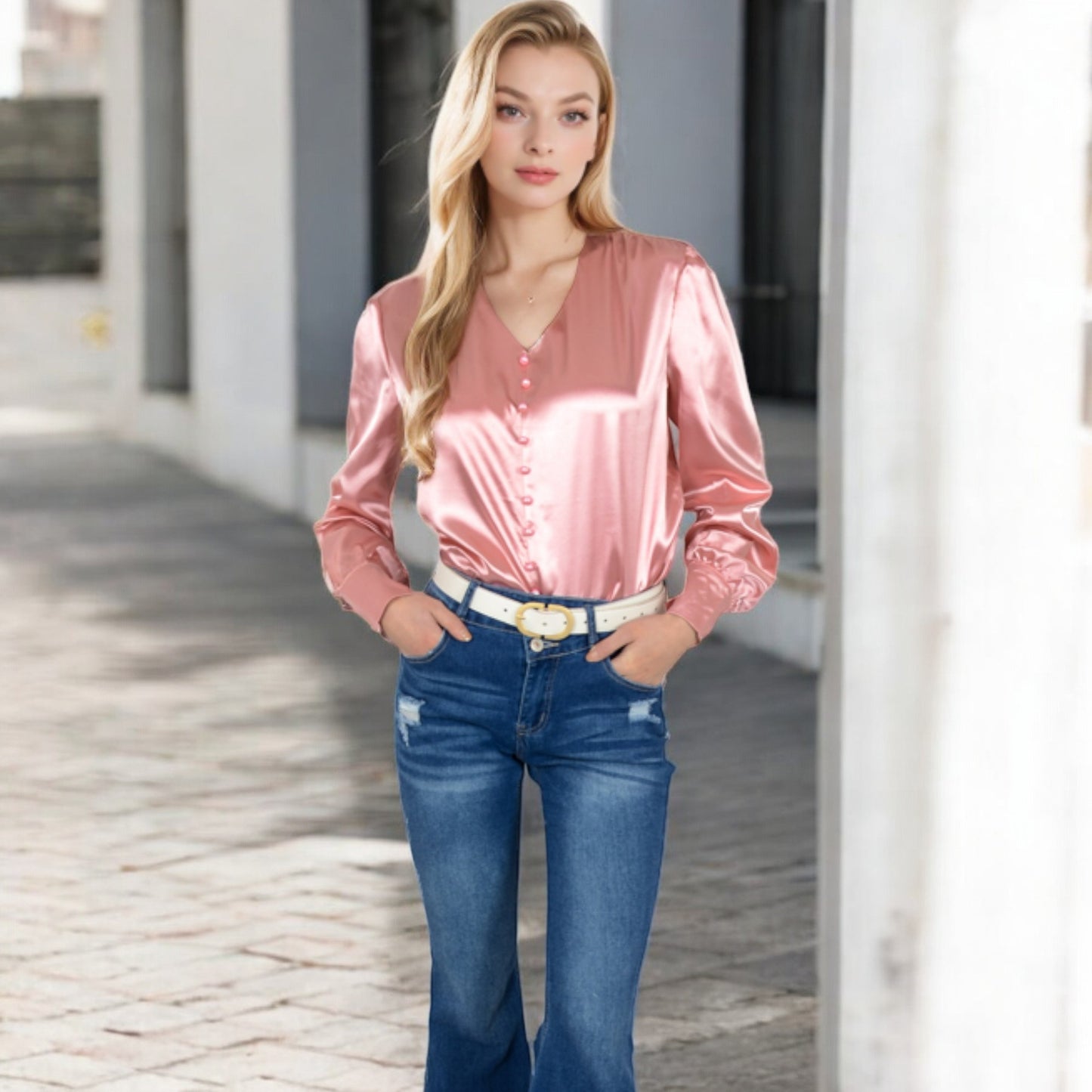 Anna-Kaci Women's Satin Long Sleeve Blouse with Button Front and V-Neckline