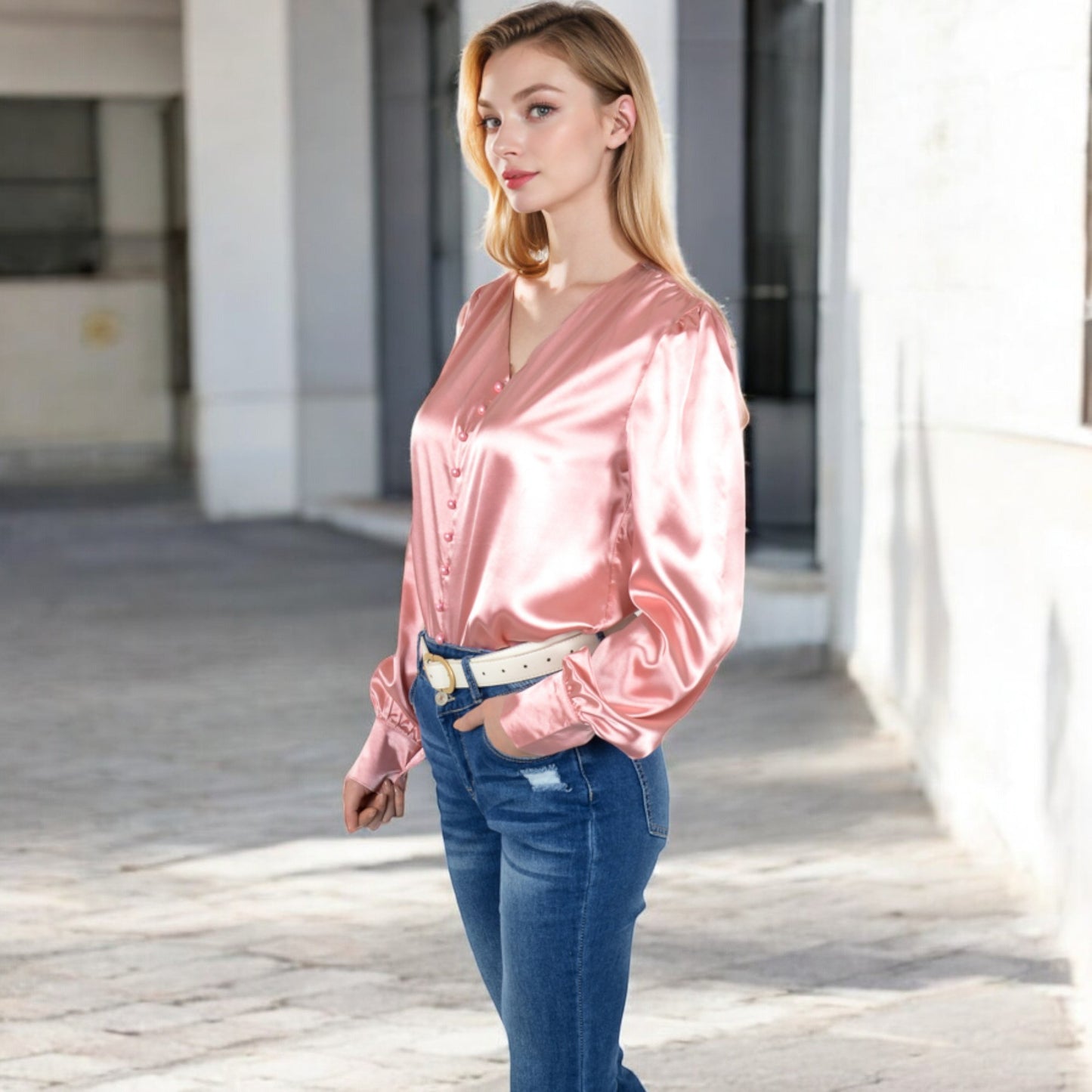 Anna-Kaci Women's Satin Long Sleeve Blouse with Button Front and V-Neckline