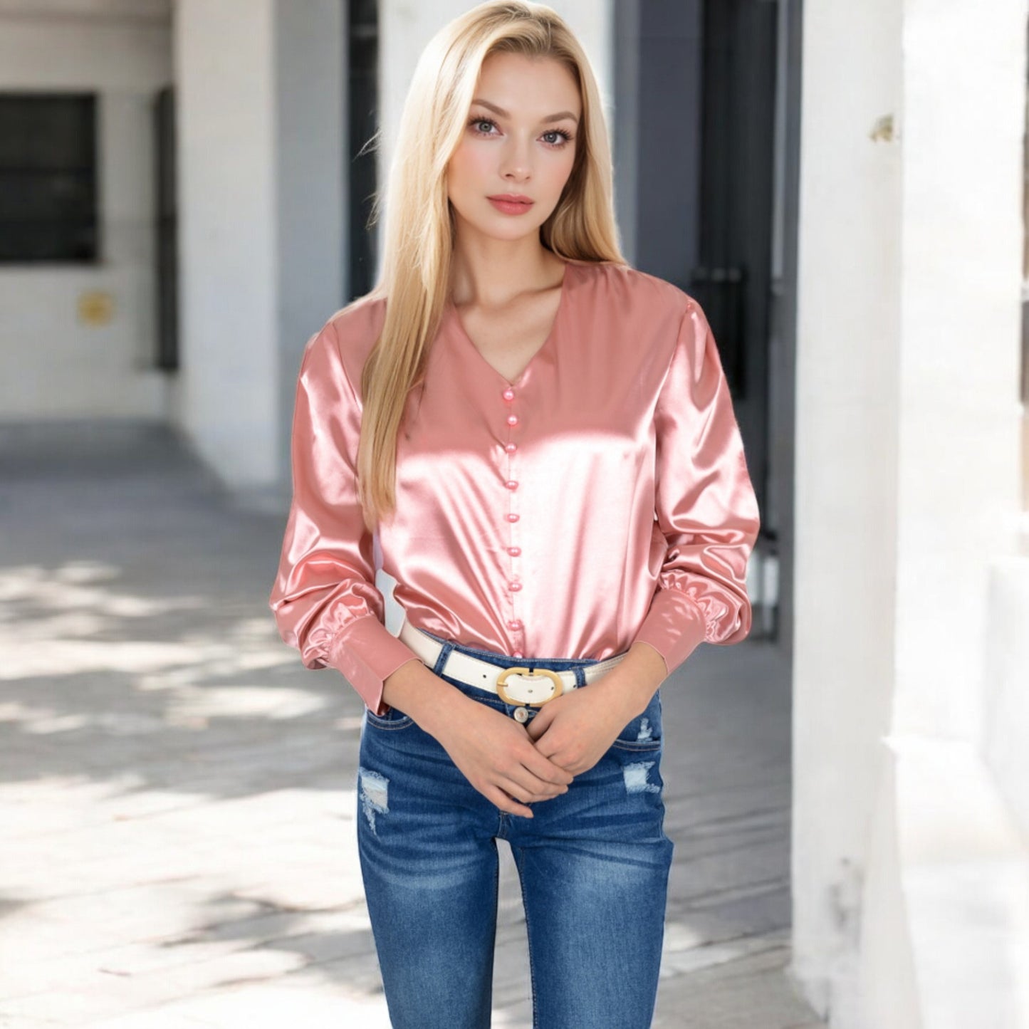 Anna-Kaci Women's Satin Long Sleeve Blouse with Button Front and V-Neckline