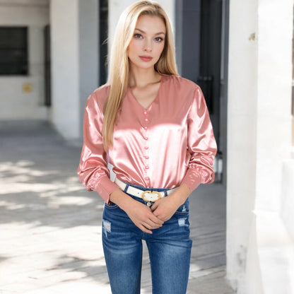 Anna-Kaci Women's Satin Long Sleeve Blouse with Button Front and V-Neckline