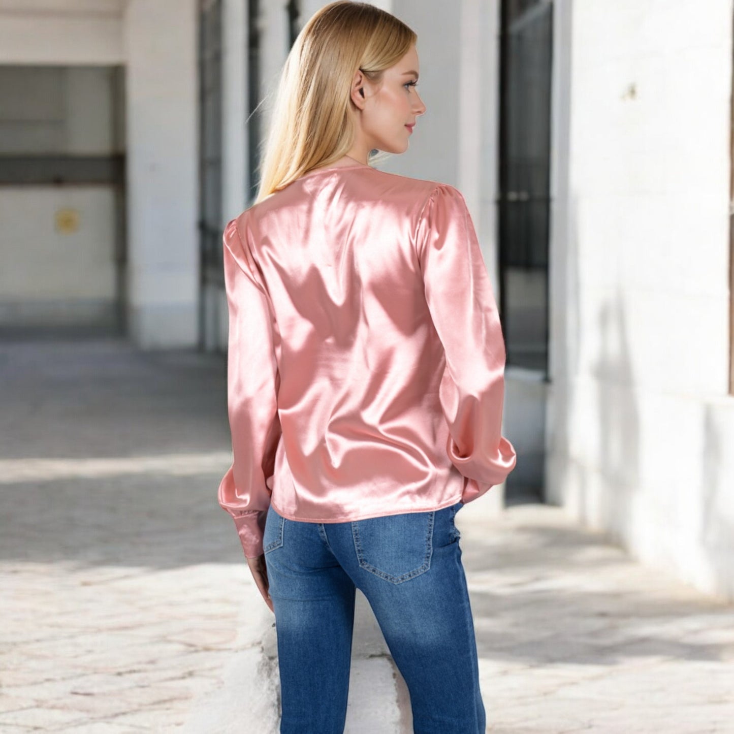 Anna-Kaci Women's Satin Long Sleeve Blouse with Button Front and V-Neckline
