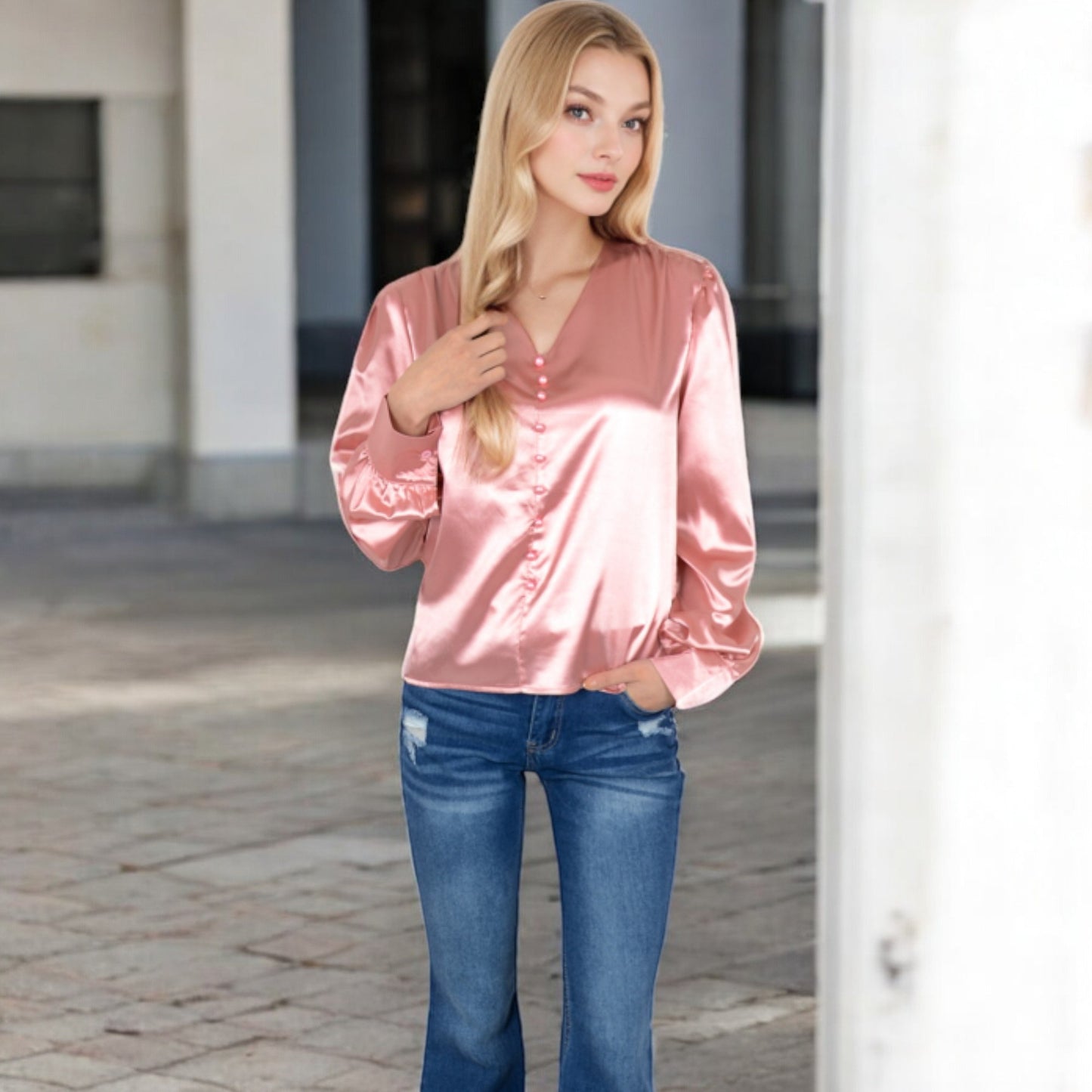 Anna-Kaci Women's Satin Long Sleeve Blouse with Button Front and V-Neckline