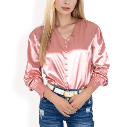 Anna-Kaci Women's Satin Long Sleeve Blouse with Button Front and V-Neckline