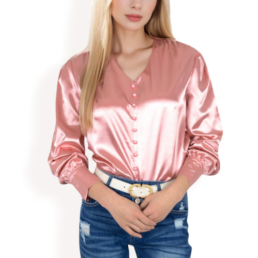 Anna-Kaci Women's Satin Long Sleeve Blouse with Button Front and V-Neckline