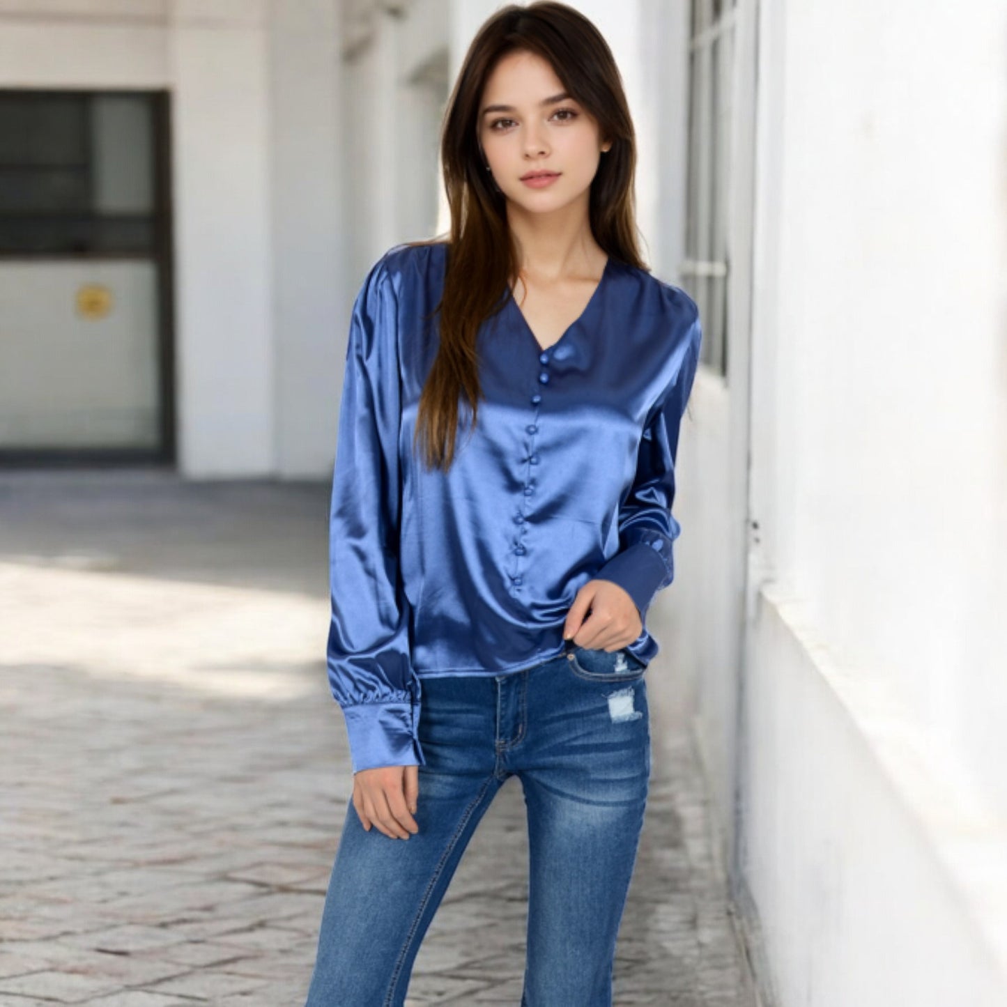 Anna-Kaci Women's Satin Long Sleeve Blouse with Button Front and V-Neckline