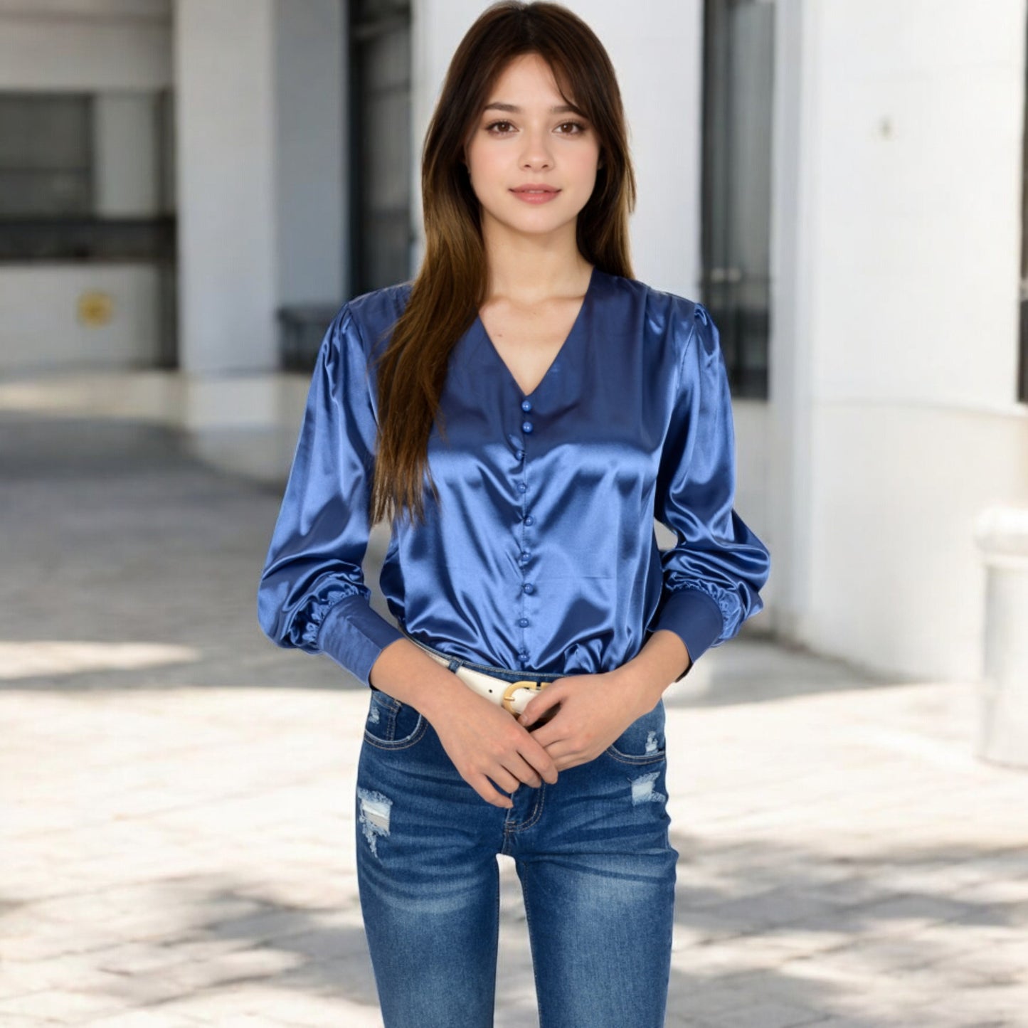 Anna-Kaci Women's Satin Long Sleeve Blouse with Button Front and V-Neckline