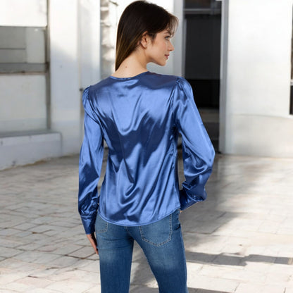 Anna-Kaci Women's Satin Long Sleeve Blouse with Button Front and V-Neckline