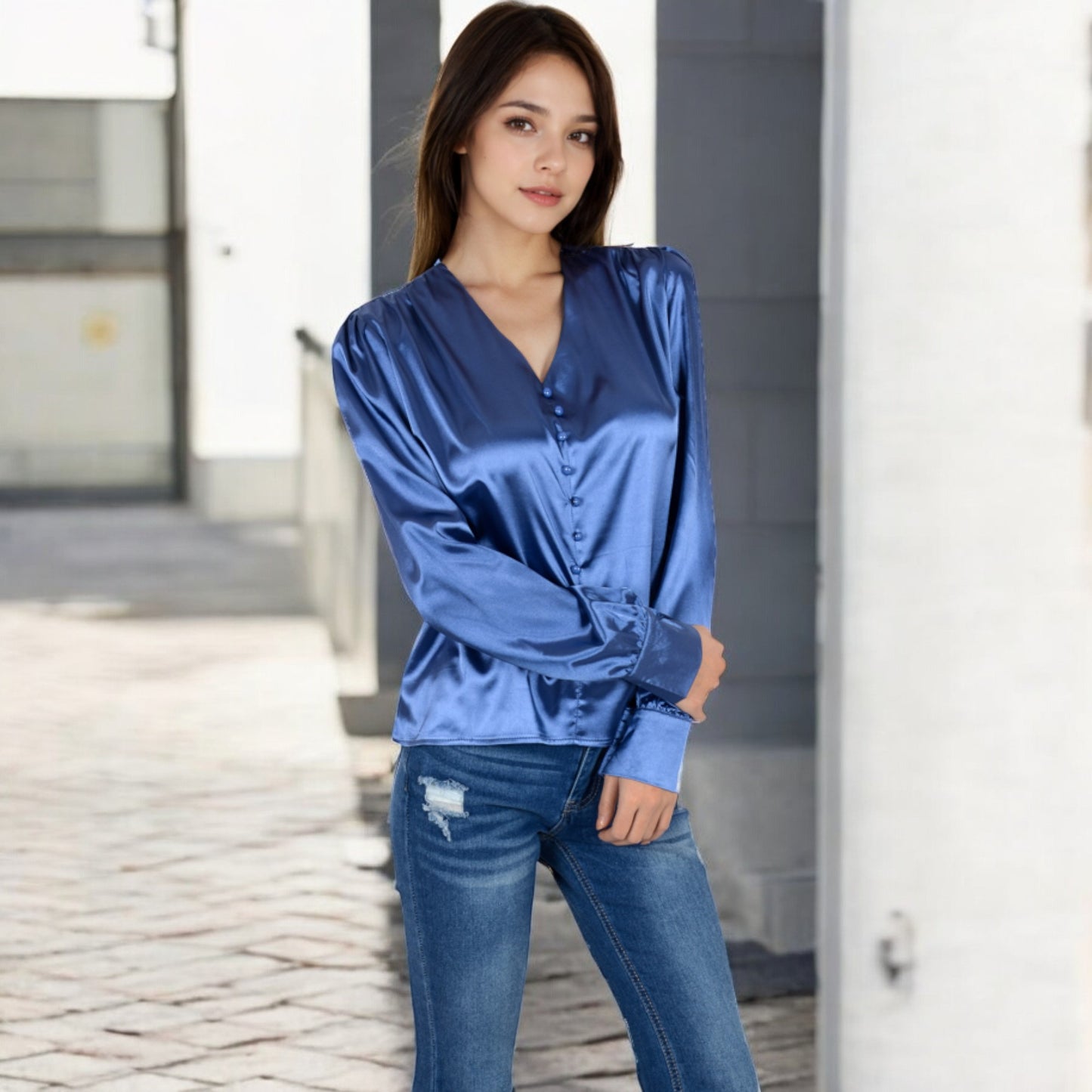 Anna-Kaci Women's Satin Long Sleeve Blouse with Button Front and V-Neckline