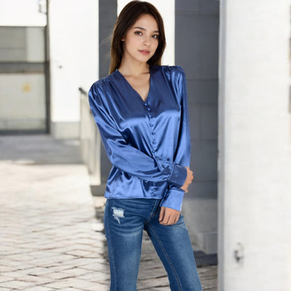 Anna-Kaci Women's Satin Long Sleeve Blouse with Button Front and V-Neckline