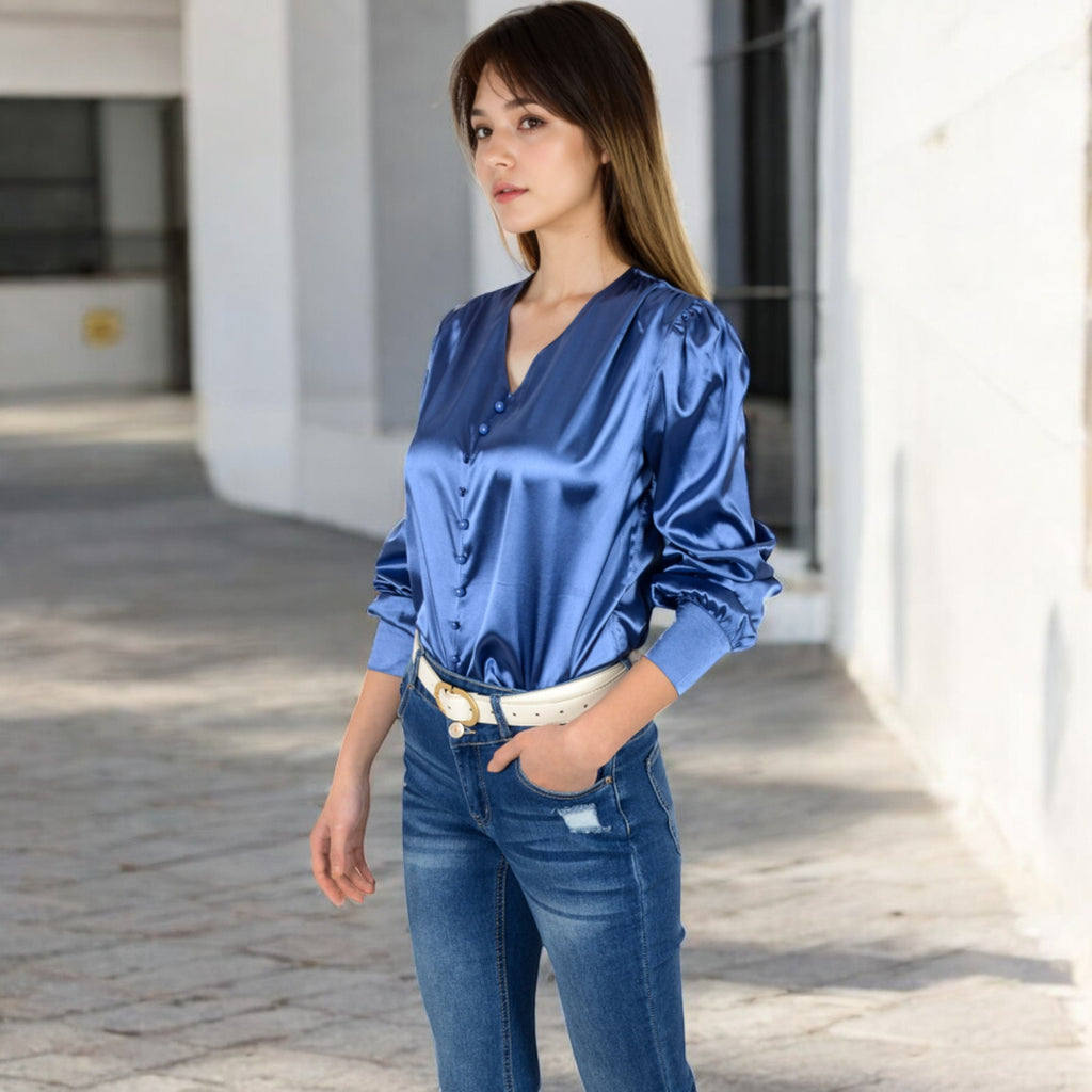 Anna-Kaci Women's Satin Long Sleeve Blouse with Button Front and V-Neckline