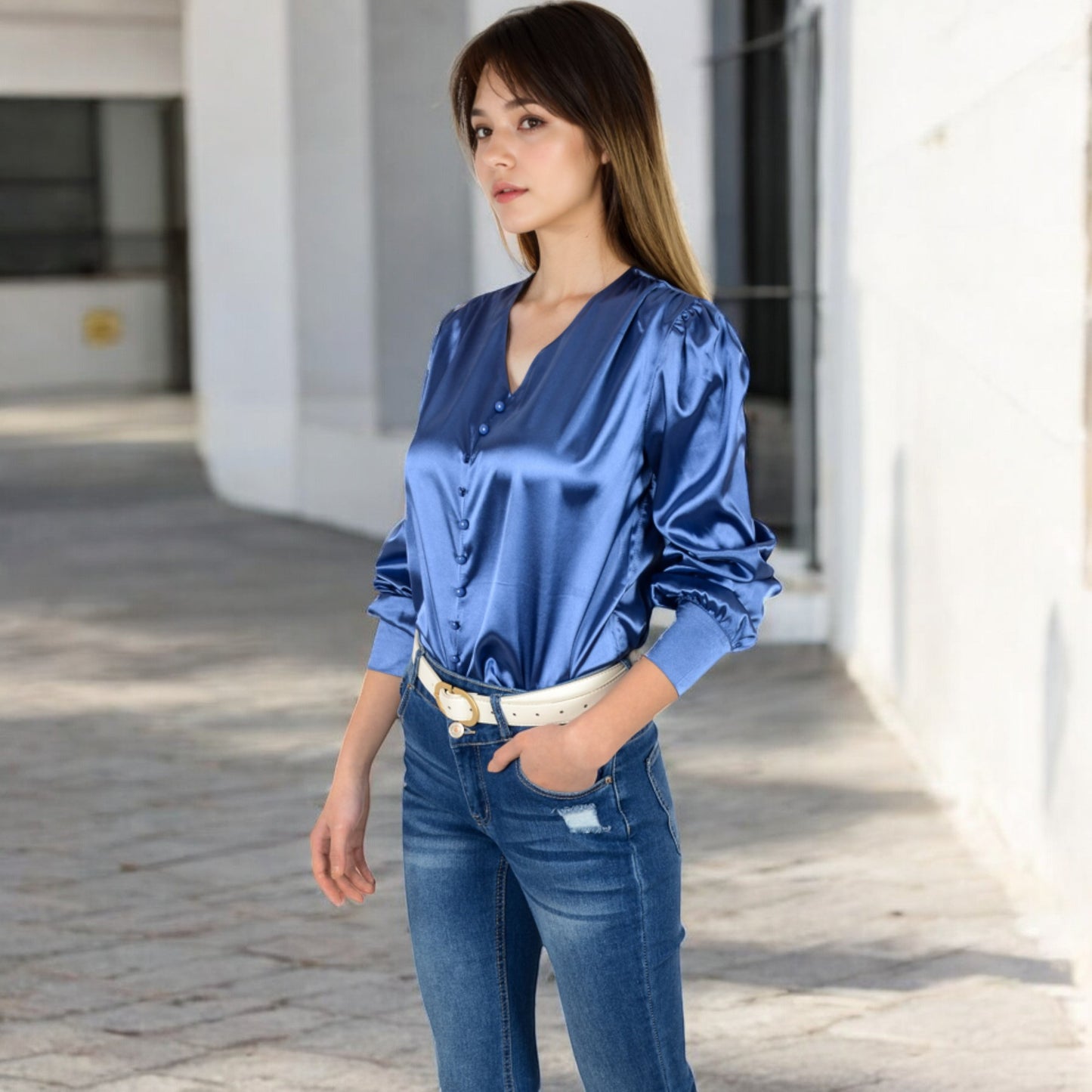 Anna-Kaci Women's Satin Long Sleeve Blouse with Button Front and V-Neckline