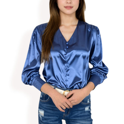 Anna-Kaci Women's Satin Long Sleeve Blouse with Button Front and V-Neckline