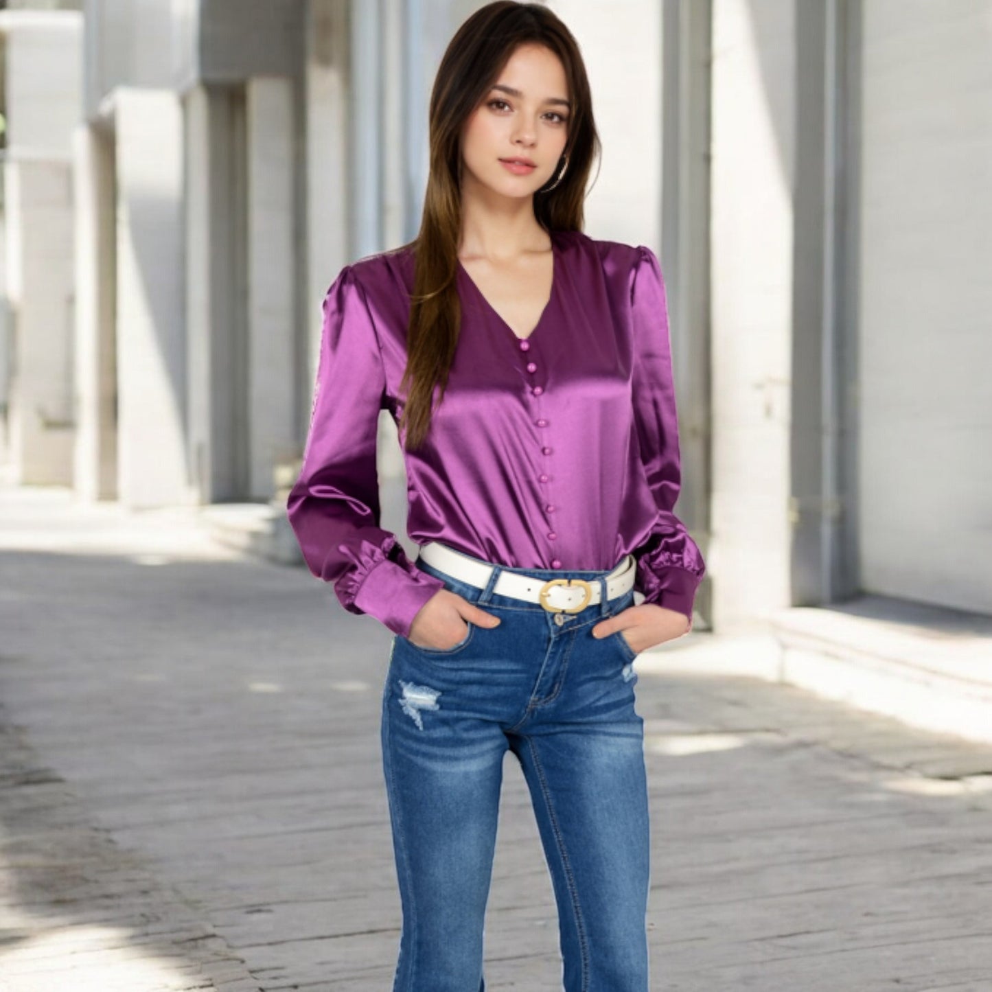 Anna-Kaci Women's Satin Long Sleeve Blouse with Button Front and V-Neckline