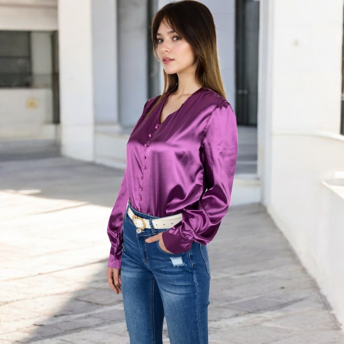 Anna-Kaci Women's Satin Long Sleeve Blouse with Button Front and V-Neckline