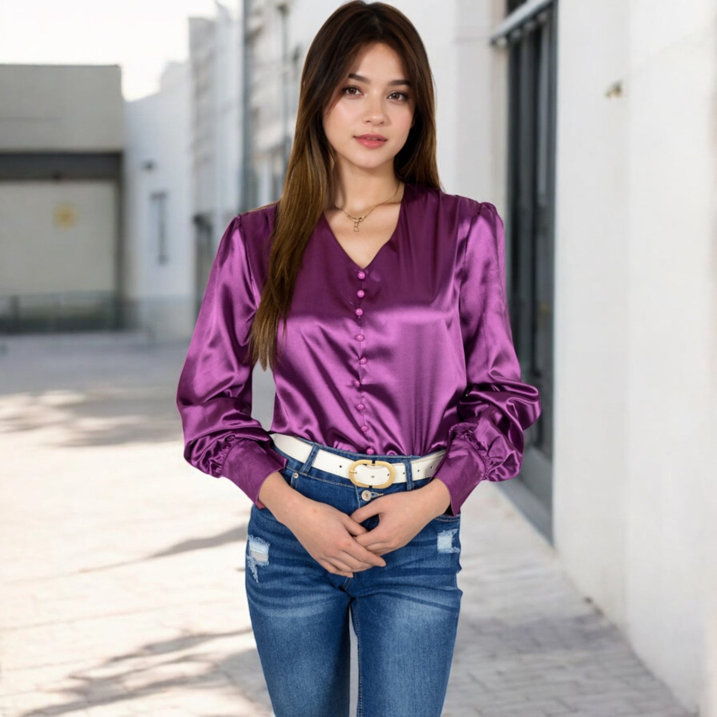 Anna-Kaci Women's Satin Long Sleeve Blouse with Button Front and V-Neckline