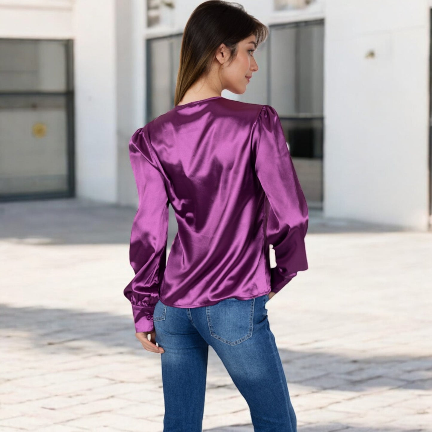 Anna-Kaci Women's Satin Long Sleeve Blouse with Button Front and V-Neckline