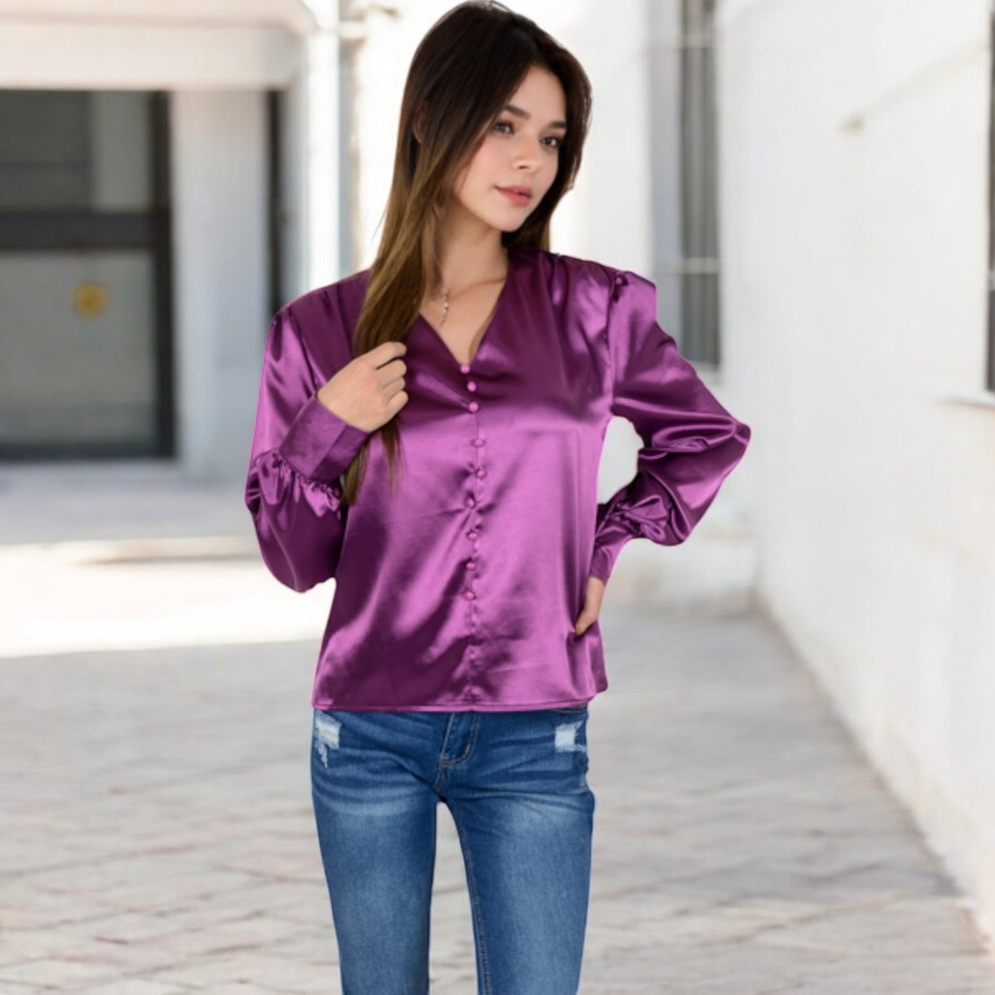Anna-Kaci Women's Satin Long Sleeve Blouse with Button Front and V-Neckline
