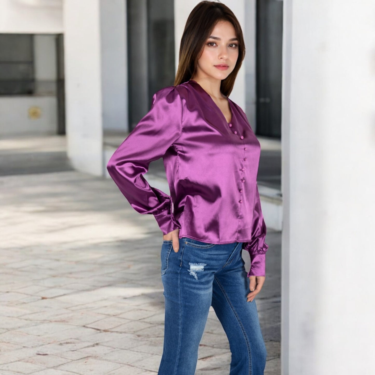Anna-Kaci Women's Satin Long Sleeve Blouse with Button Front and V-Neckline