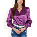 Women's Satin Long Sleeve Blouse with Button Front and V-Neckline