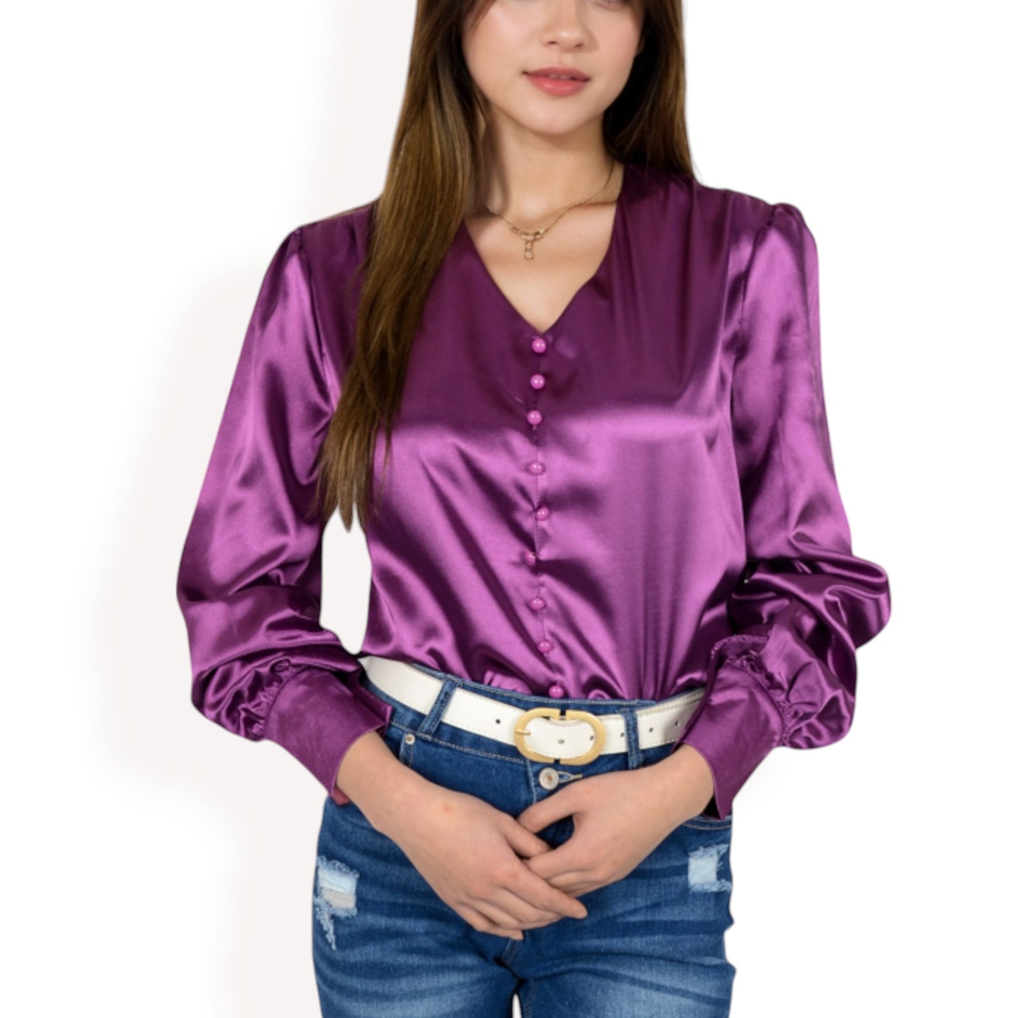 Anna-Kaci Women's Satin Long Sleeve Blouse with Button Front and V-Neckline