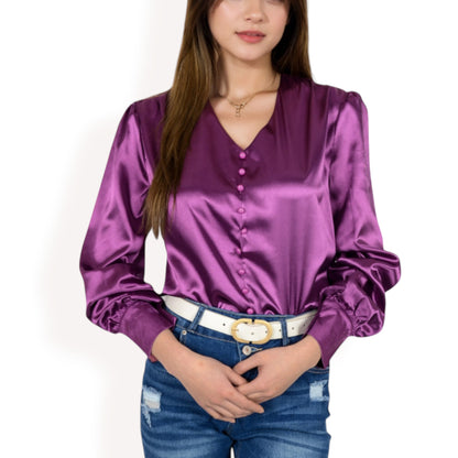 Anna-Kaci Women's Satin Long Sleeve Blouse with Button Front and V-Neckline