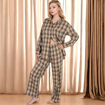 Anna-Kaci Women's Plaid Lounge Set with Button-Up Shirt and Elastic Waist Pants