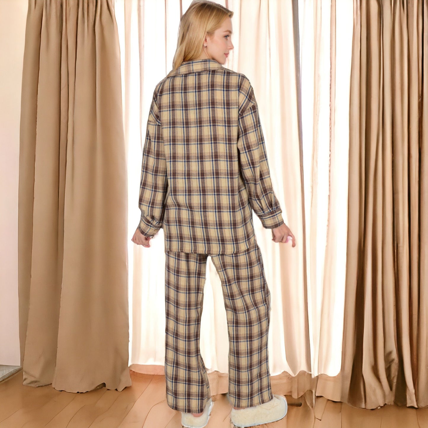 Anna-Kaci Women's Plaid Lounge Set with Button-Up Shirt and Elastic Waist Pants