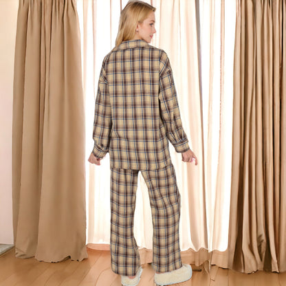 Anna-Kaci Women's Plaid Lounge Set with Button-Up Shirt and Elastic Waist Pants