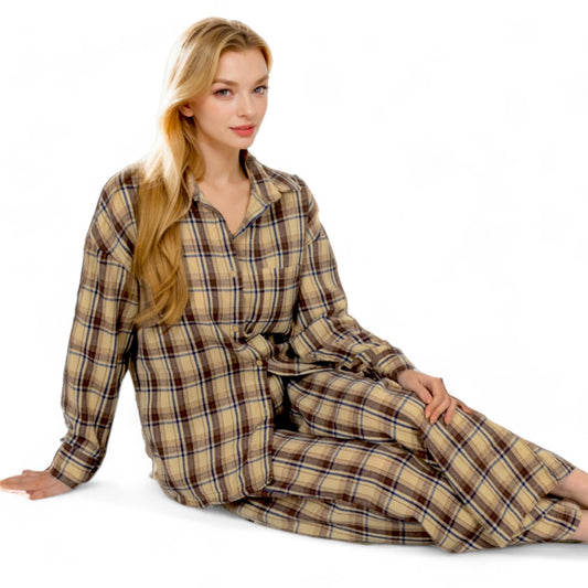 Anna-Kaci Women's Plaid Lounge Set with Button-Up Shirt and Elastic Waist Pants