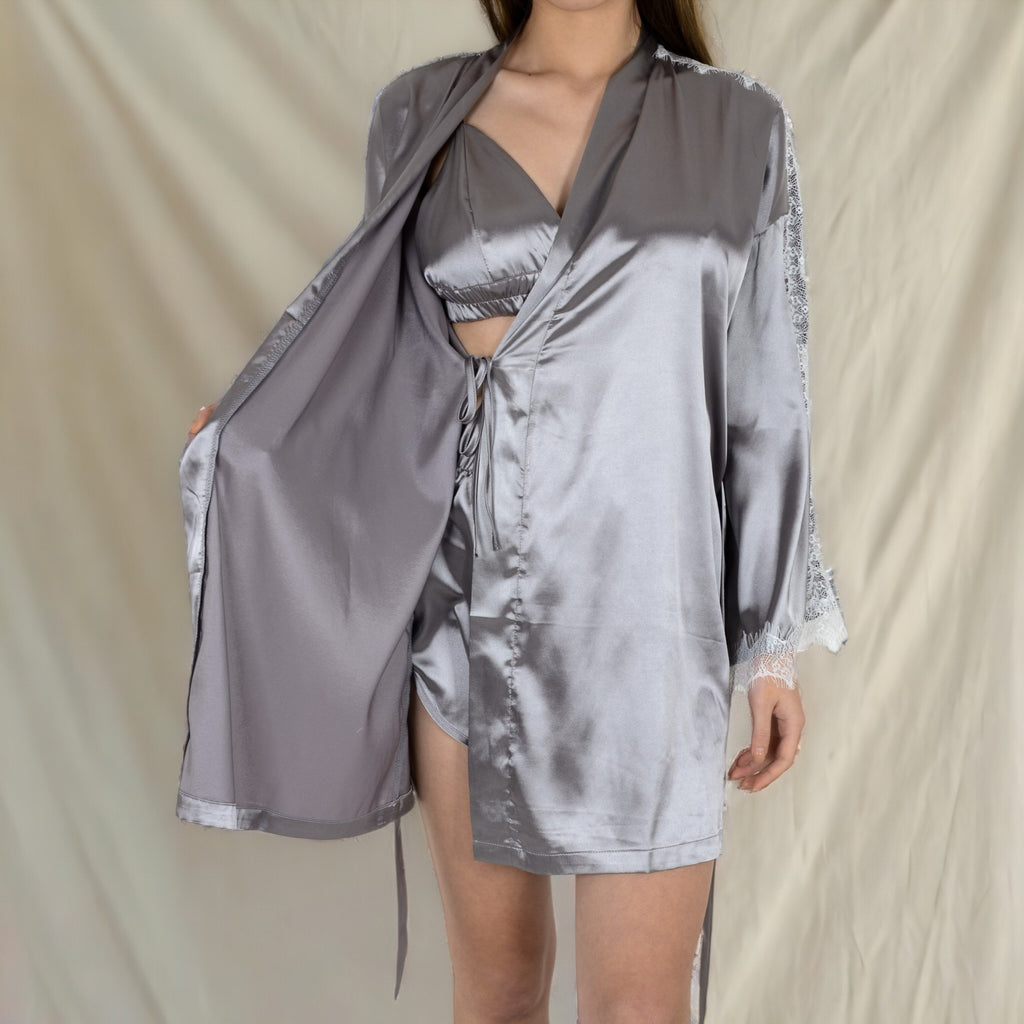 Anna-Kaci Women's Satin 3-Piece Loungewear Set with Lace Trim Robe, Bralette, and Shorts