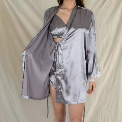 Anna-Kaci Women's Satin 3-Piece Loungewear Set with Lace Trim Robe, Bralette, and Shorts