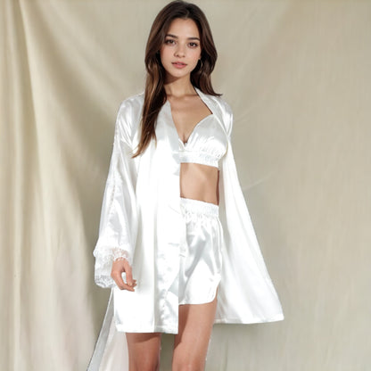Anna-Kaci Women's Satin 3-Piece Loungewear Set with Lace Trim Robe, Bralette, and Shorts
