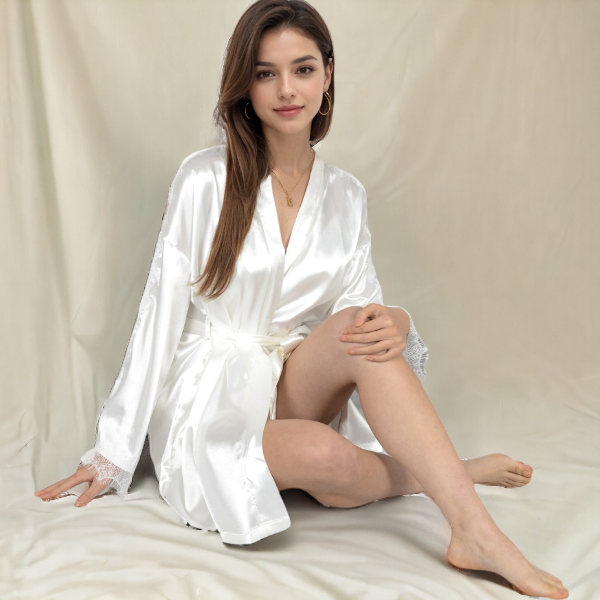 Anna-Kaci Women's Satin 3-Piece Loungewear Set with Lace Trim Robe, Bralette, and Shorts