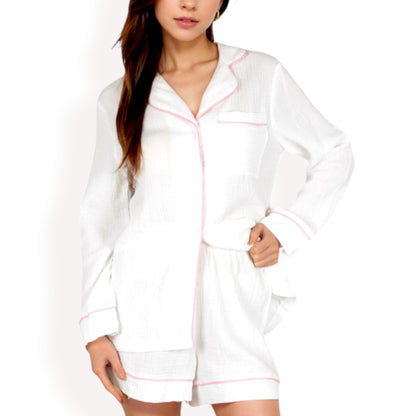 Anna-Kaci Women's Textured Cotton Pajama Set with Contrast Piping and Button-Up Top